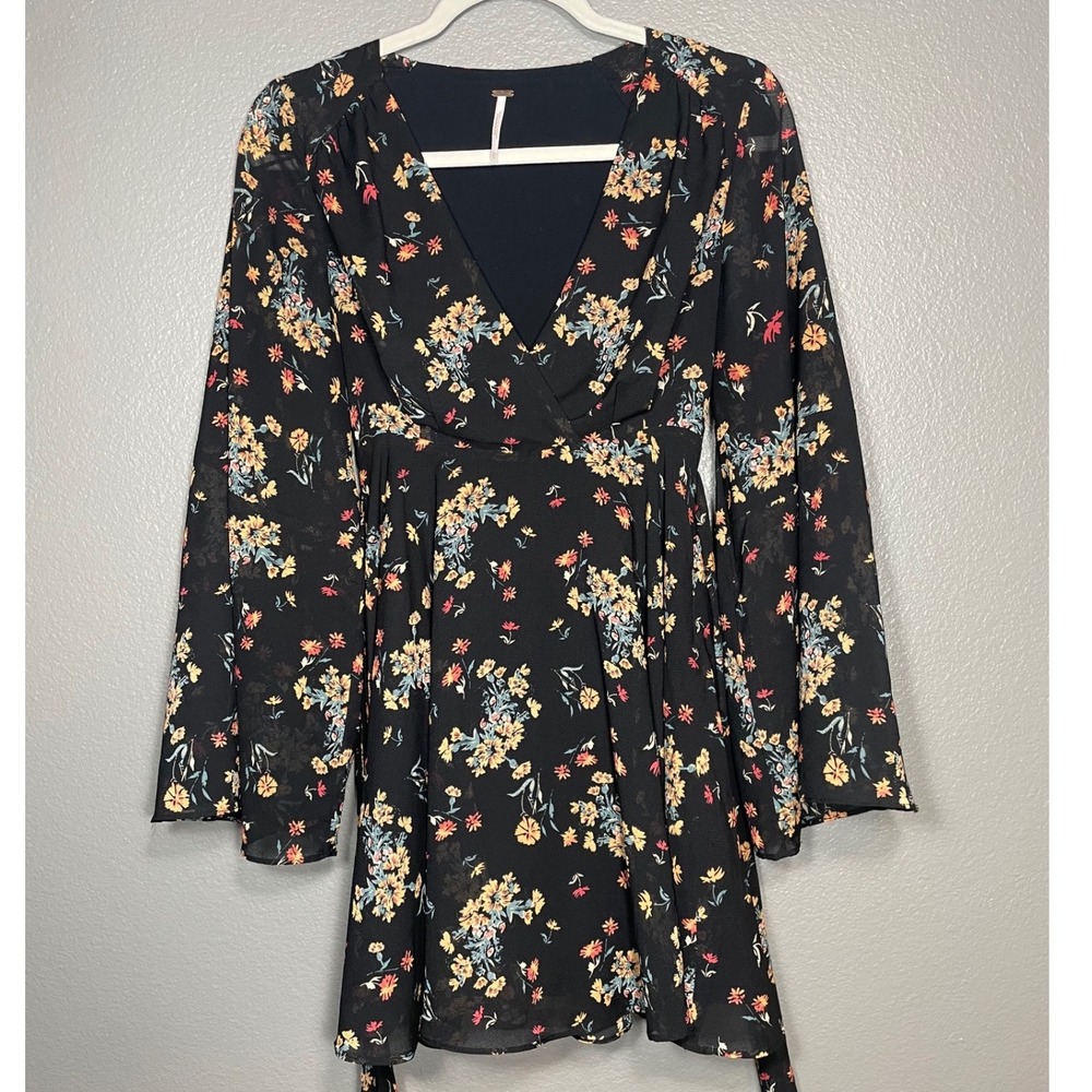 Free People Floral Bell Sleeve Mini Dress Black Boho V-Neck Wrap Tie Waist